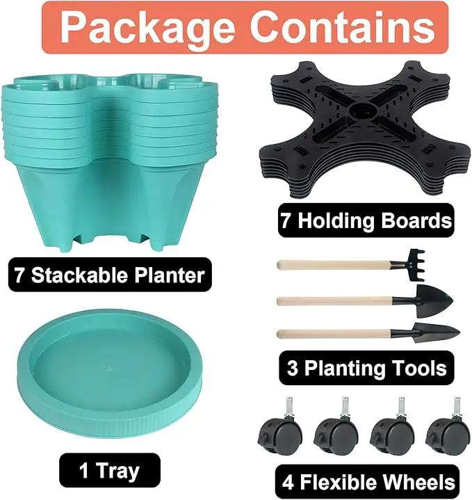 Vertical Planter 7 Tier Stackable Planters Garden Planters Strawberry Herb Flower and Vegetable Planter Indoor Outdoor Gardening Pots with Removable Wheels and Tools by GreenHaven Gardens
