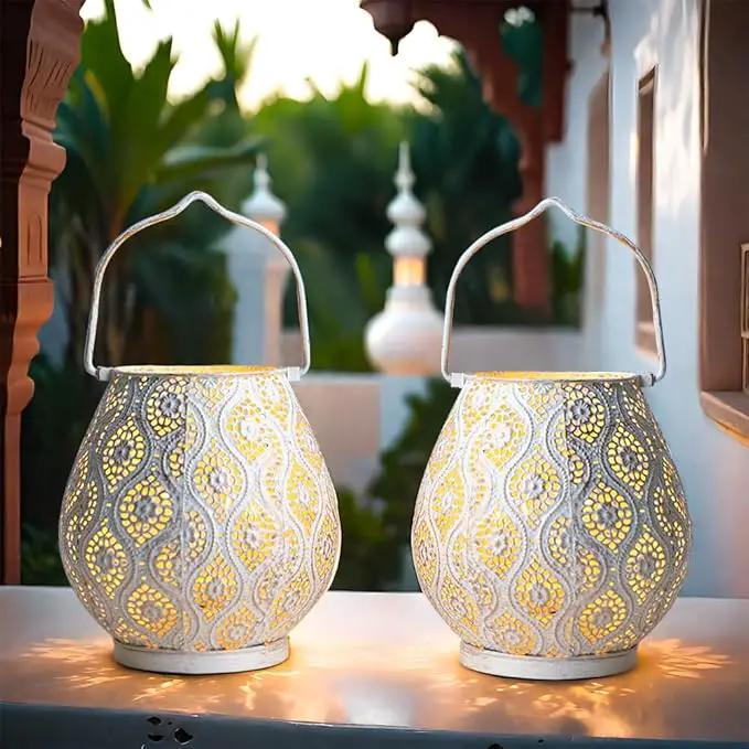 TRIROCKS Set of 2 Moroccan Decorative Lamps 8'' High Battery Powered Cordless Lamp Metal Table Lamps with Fairy Lights Bulb for Home Living Room Garden Yard Party Events Tabletop Indoor Outdoor(White) by GreenHaven Gardens