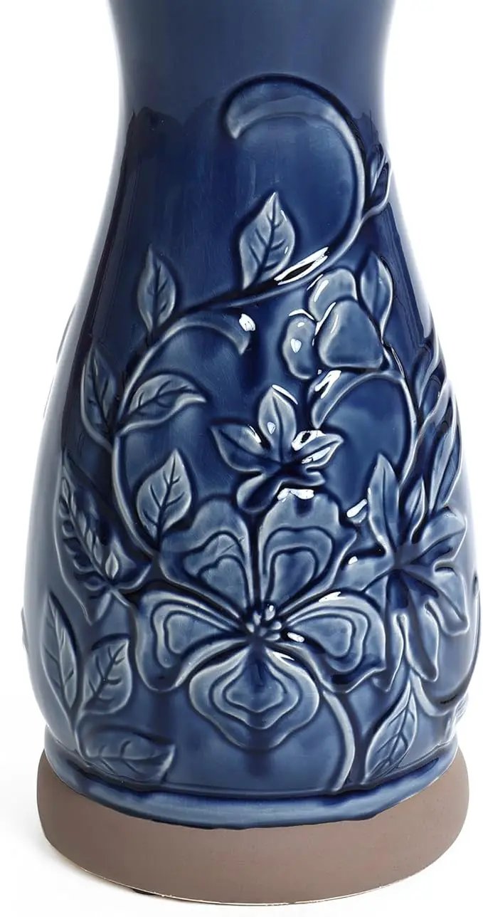 LuxenHome 22 Inch Ceramic Bird Bath for Outside, Elegant Tall Outdoor Bird Bath, Lightweight Pedestal Glazed Birdbaths for Outdoors with Floral Pattern, Deep Blue by GreenHaven Gardens