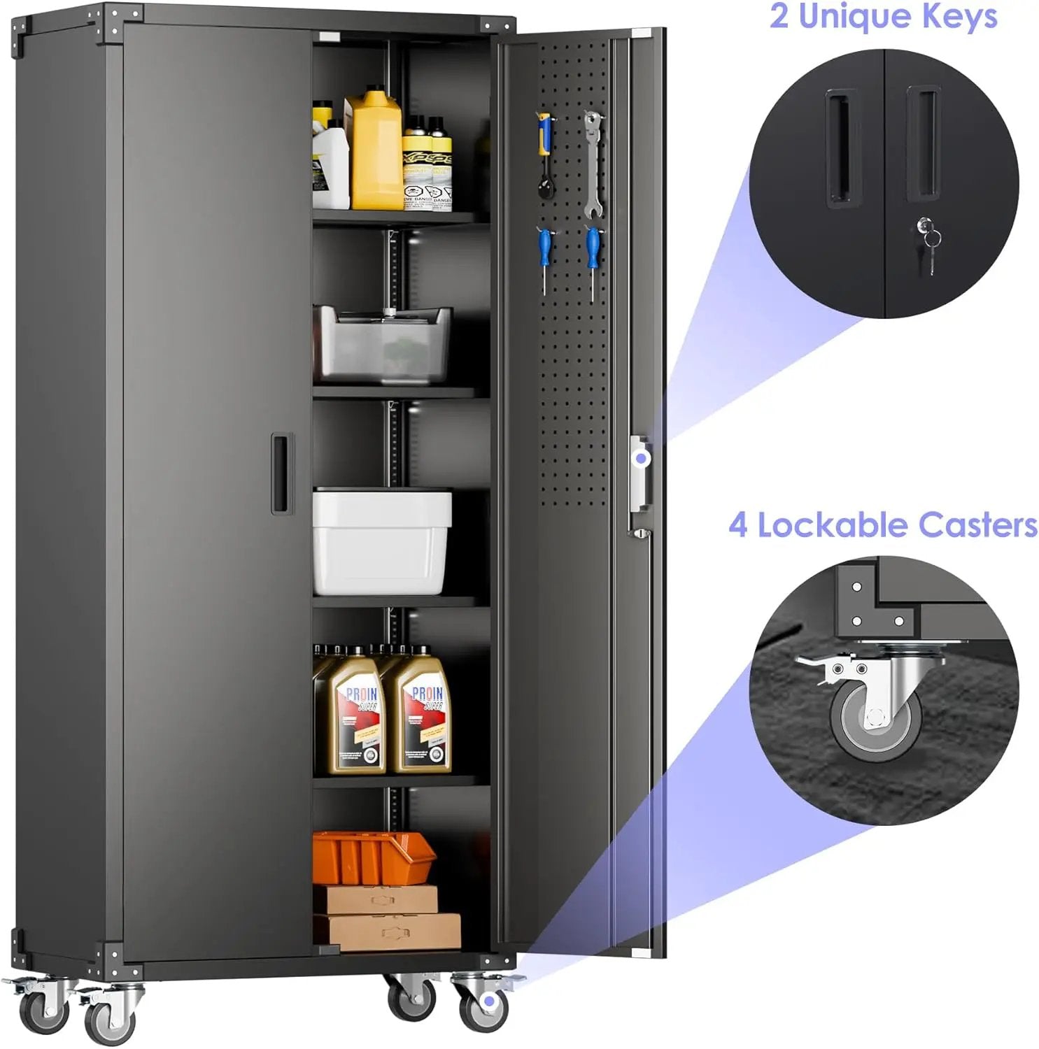 Metal Garage Storage Cabinet with Wheels & Pegboard,72In Lockable Steel Storage Cabinets with 2 Doors&4 Adjustable Shelves for Garage&Home,Assembly Required,Black by GreenHaven Gardens