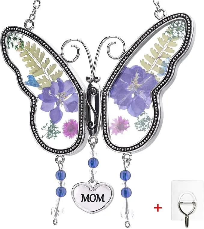 Laraine Butterfly Suncatcher with Pressed Flower Wings Mom Mother's Day Butterfly Glass Wind Chime Ornament Charm with Metal Heart Gifts for Mom Grandma Birthday (Purple Mom (with Free Hook)) by GreenHaven Gardens