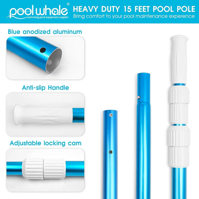 POOLWHALE Premium 15 Foot Telescopic Swimming Pool Pole, Adjustable 3 Piece Extendable Pool Cleaning Pole, Blue Anodized Aluminum - for Skimmer Nets, Vacuum Heads and Brushes by GreenHaven Gardens