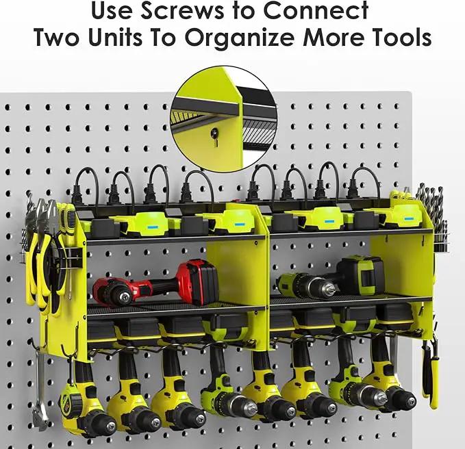 CCCEI Modular Power Tool Organizer Wall Mount with Charging Station. Garage 4 Drill Storage Shelf with Hooks, Screwdriver, Drill Bit Heavy Duty Rack, Tool Battery Holder Built in 8 Outlet Power Strip. by GreenHaven Gardens