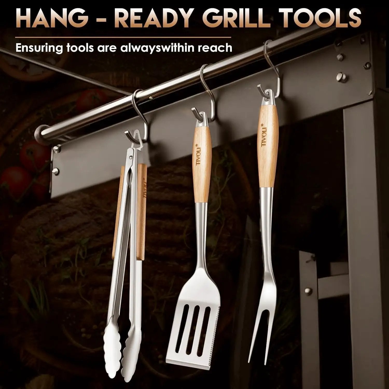 TIVOLI 3PCS Grilling Accessories, Heavy Duty BBQ Tool Set with Stainless Steel Spatula, Tongs, Fork, Wood Handles Barbecue Utensils Kit for Outdoor, Perfect Grill Gifts for Dad Men by GreenHaven Gardens