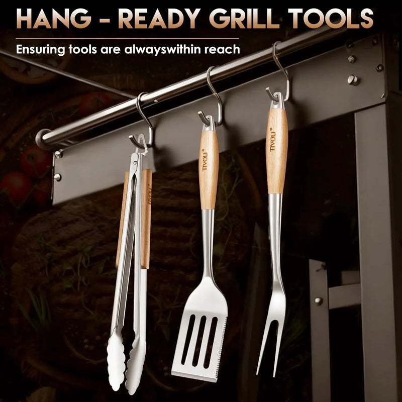 TIVOLI 3PCS Grilling Accessories, Heavy Duty BBQ Tool Set with Stainless Steel Spatula, Tongs, Fork, Wood Handles Barbecue Utensils Kit for Outdoor, Perfect Grill Gifts for Dad Men by GreenHaven Gardens