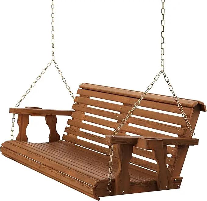 Amish Casual 4 Foot Roll Back Porch Swing with Cup Holders in Oak Stain - Amish Made in The USA from Treated Pine Heavy Duty 700 Lb. Weight Capacity by GreenHaven Gardens