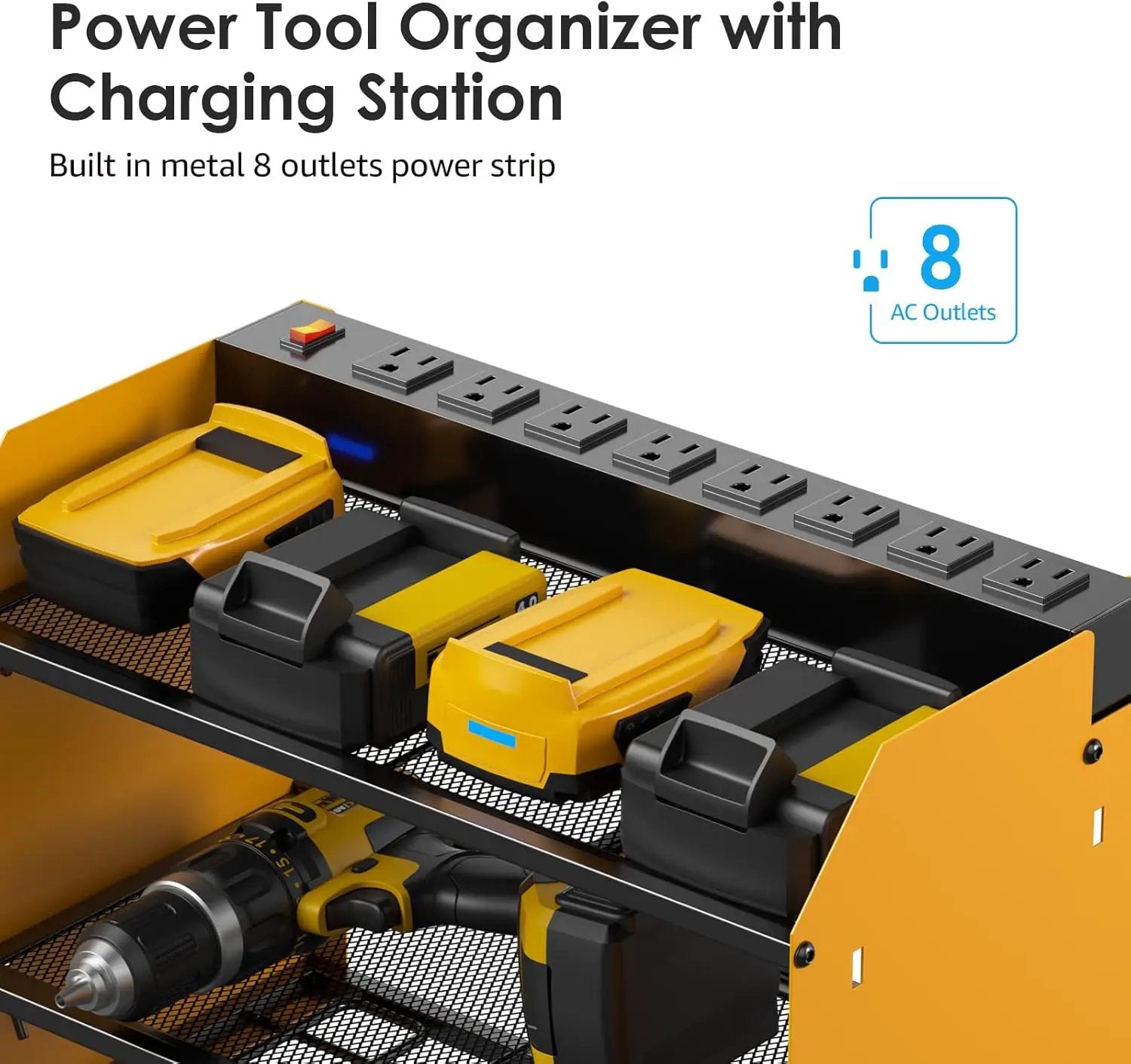 CCCEI Set Power Tool Organizer Wall Mount with Charging Station. Garage 4 Drill Storage Shelf with Hooks, Heavy Duty Metal Tool Battery Charger Organizer. Shop Utility Rack with Power Strip Yellow. by GreenHaven Gardens