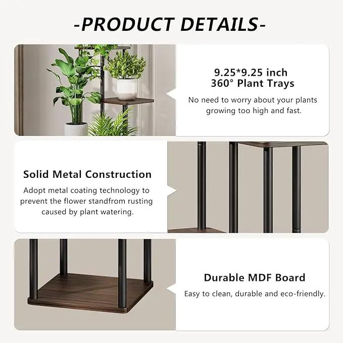 AZERPIAN Plant Stand 5 Tier Indoor Metal Flower Shelf for Multiple Plants Corner Tall Flower Holders for Patio Garden Living Room Balcony Bedroom, Black Oak (5 Tier-Black Oak) by GreenHaven Gardens