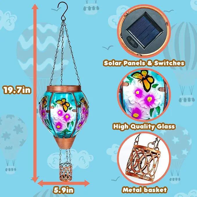Solar Hot Air Balloon Lantern with Flame， Butterfly Glass Outdoor Solar Lanterns for Outside Hanging Farmhouse Patio Pathway Decor, Butterfly Gifts for Women Grandma Mom by GreenHaven Gardens