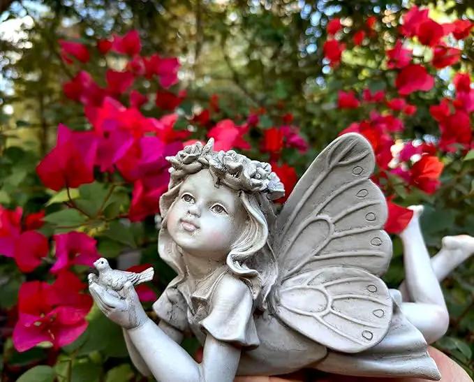 MeritMode Fairy Flower Garden Outdoor Statue - Angel Holding Bird and Butterfly, 11" Width, Cherub Decor and Grandma Gifts, Patio and Yard by GreenHaven Gardens