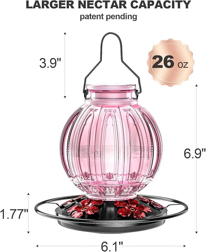 Glass Hummingbird Feeder for Outdoors Hanging, Bird Nectar Feeder with Perch & 5 Flower Feeding Ports, 26 Oz Leak Proof for Outside Garden Decor Backyard, Gifts for Women Mom, Pink by GreenHaven Gardens
