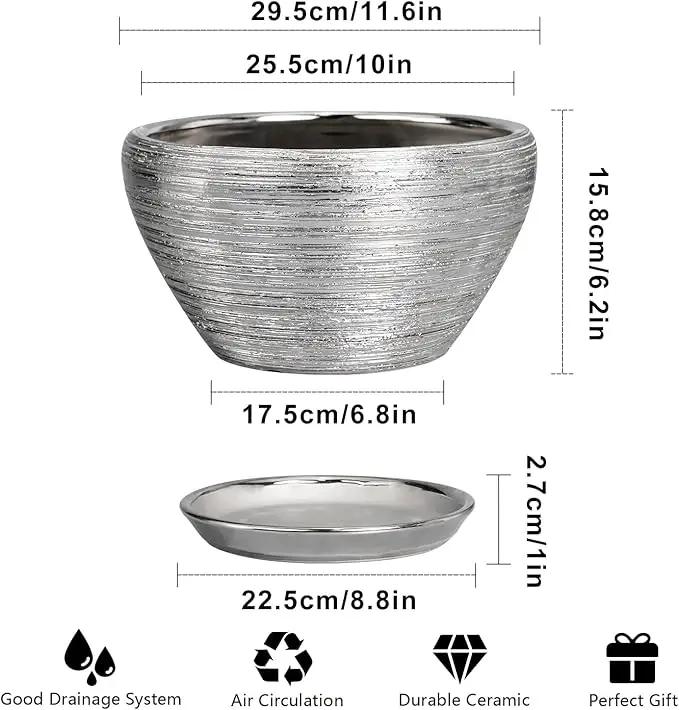 Flower Pot for Indoor Plants - Ceramic Planter 11 Inch Plant Pot with Drainage Hole and Saucer Large Decorative Planter Outdoor Mid-Century Planter for House Decor Silver by GreenHaven Gardens