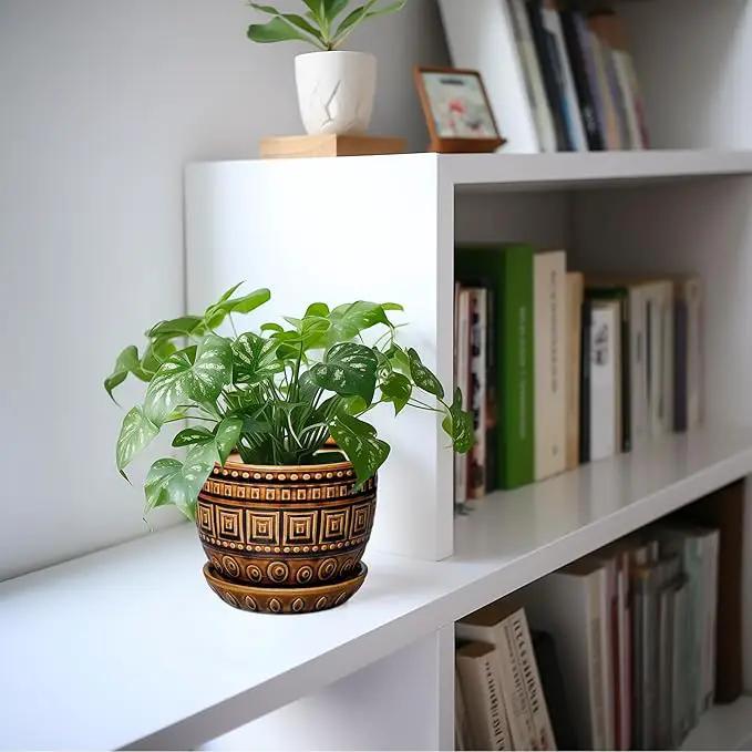G EPGardening Succulent Pot 5.5 Inch - Ceramic Plant Pot for Indoor Plants Outdoor, Round Boho Planter with Drainage Hole and Saucer, Gifts for Plant Lovers, Office Home Garden Decor, Brown by GreenHaven Gardens