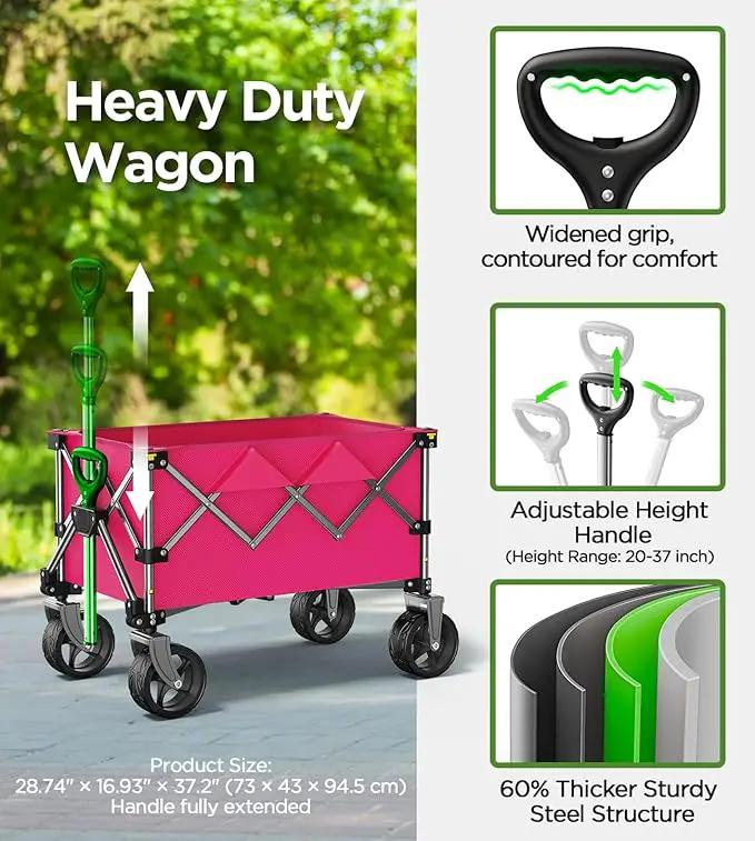 Beach Wagon,Collapsible-Wagon 220lbs with Big Wheels FoldableWagon Carts,Portable Utility for Garden Grocery Sports Camping All Terrain-Pink by GreenHaven Gardens