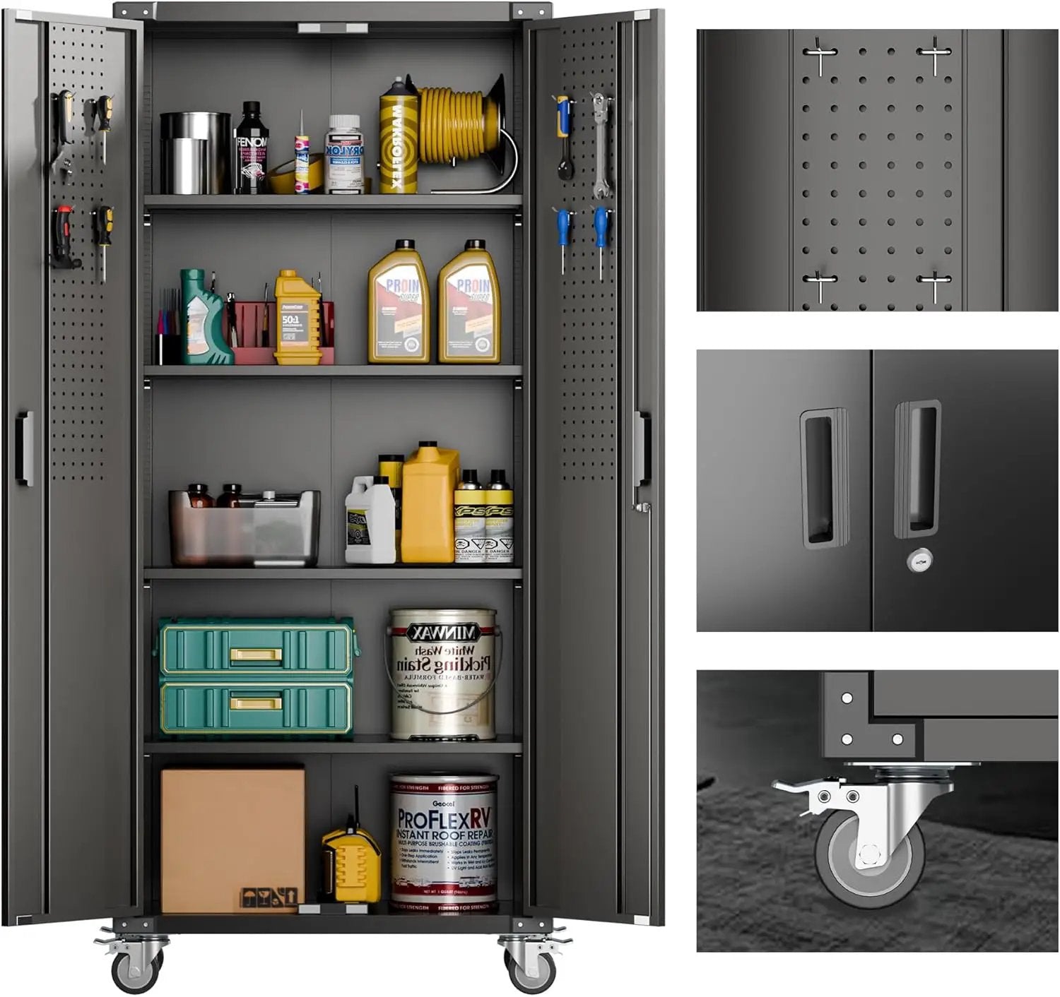 Metal Garage Storage Cabinet with Wheels & Pegboard,72In Lockable Steel Storage Cabinets with 2 Doors&4 Adjustable Shelves for Garage&Home,Assembly Required,Black by GreenHaven Gardens