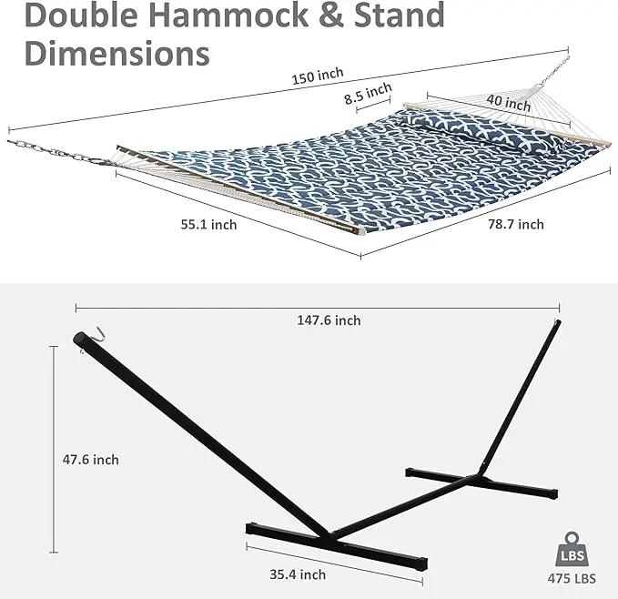 SUNCREAT Two Person Hammock with Stand, 475 lbs Capacity, Portable Patio Hammock with Hardwood Spreader Bar, Large Soft Pillow, Blue Pattern by GreenHaven Gardens