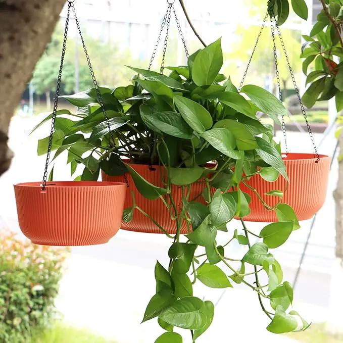 Hanging Planters for Indoor Plants, 3 Pack Plant Hanger Outdoor with Drainage Holes, Self Watering Hanging Basket Flower Pot for Garden Home Decor, 9/10/11 Inch, Orange by GreenHaven Gardens