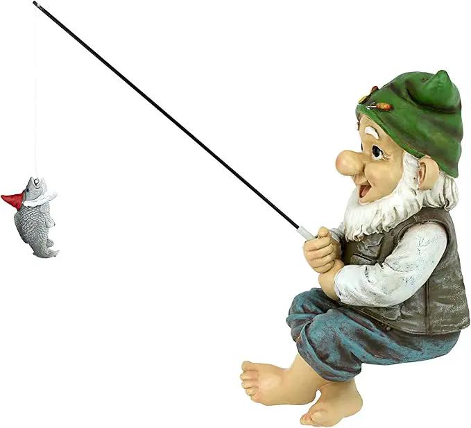 Design Toscano Ziggy with Fishing Pole Garden Gnome Indoor/Outdoor Shelf Sitter Statue, 9 Inch Tall, Cast Stone Resin, Full Color Finish by GreenHaven Gardens