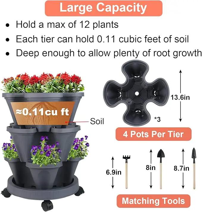 Vertical Planter 3 Tier Stackable Planters Garden Planters Strawberry Herb Flower and Vegetable Planter Indoor Outdoor Gardening Pots with Removable Wheels and Tools by GreenHaven Gardens