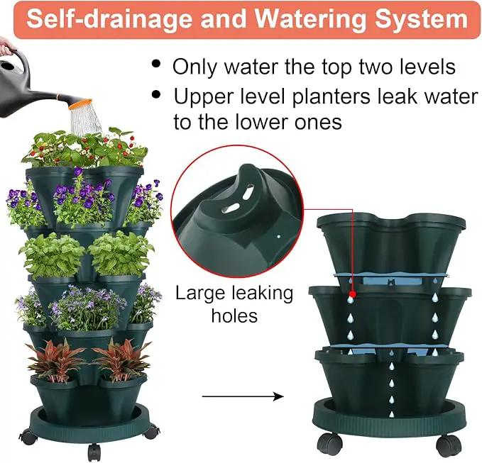 Vertical Planter 5 Tier Stackable Planters Garden Planters Strawberry Herb Flower and Vegetable Planter Indoor Outdoor Gardening Pots with Removable Wheels and Tools by GreenHaven Gardens