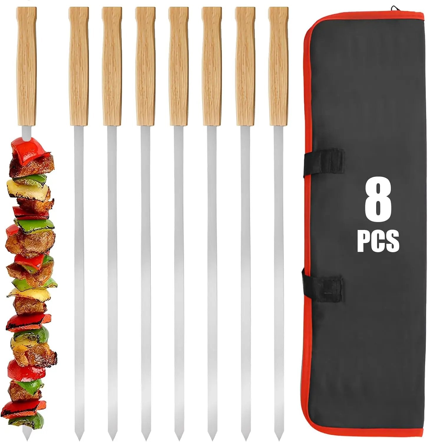 SHIKORI Kabob Skewers,BBQ Barbecue Skewers,Stainless Steel Sticks,17 Inch Heavy Duty Large Wide Reusable,with Nonslip Wooden-8 Pcs by GreenHaven Gardens