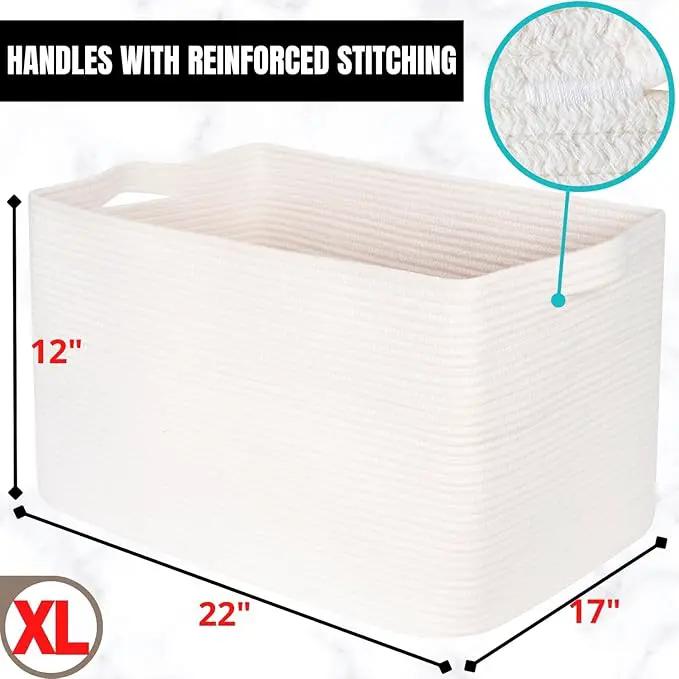 MINTWOOD Design 22in Extra Large Blanket Basket Holder Living Room, Rectangle Rope Woven Storage Basket with Handles for Laundry, Pool Towels, and Shoes, Dog Toy Organizer Bin Box, Creamy White by GreenHaven Gardens