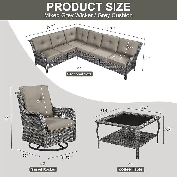 Outdoor Furniture Sectional Sofa L Shaped Couch - Patio Wicker Set with 2 Swivel Glider Chairs, 5 Piece Rattan Patio Conversation Sets with Gray Cushion for Deck Backyard Sunroom by GreenHaven Gardens