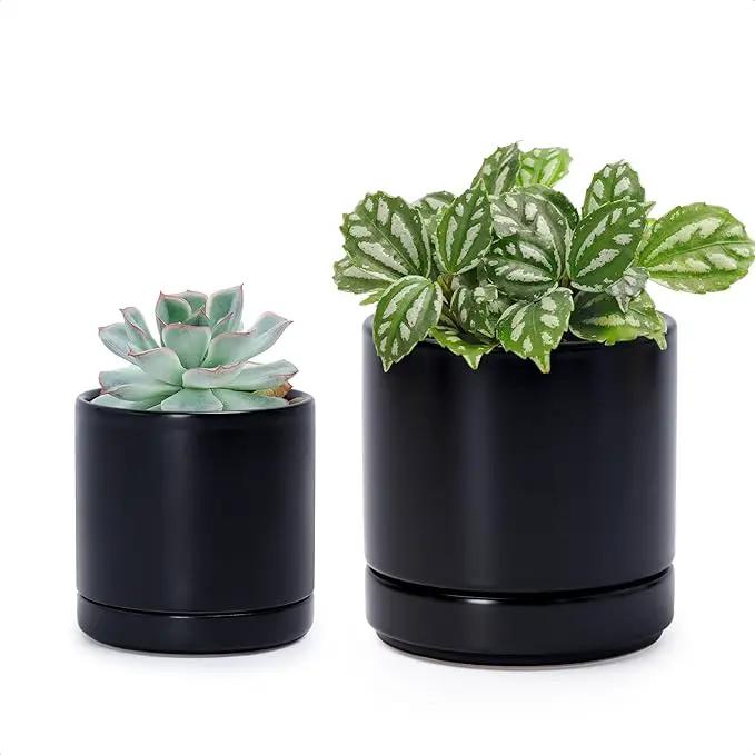 D'vine Dev 3.5 Inch & 4.7 Inch Ceramic Planter Pots for Plants with Drainage Hole and Saucer, X-Small Plant Pots Set, Black, 94-G-XS-2 by GreenHaven Gardens