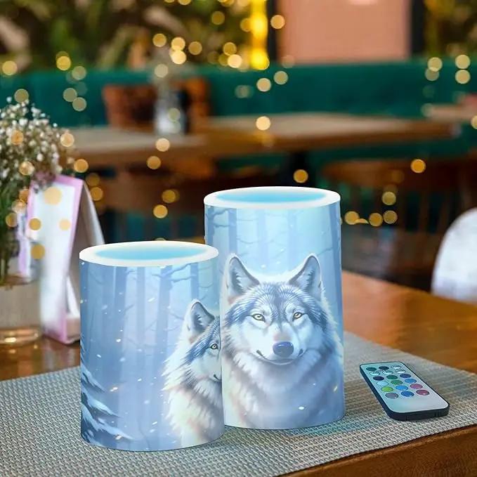 Flickering Flameless Candles, Wolf Winter Forest LED Candles with Remote Timer, Set of 2 Battery Operated Candle for Valentine Wedding Birthday by GreenHaven Gardens