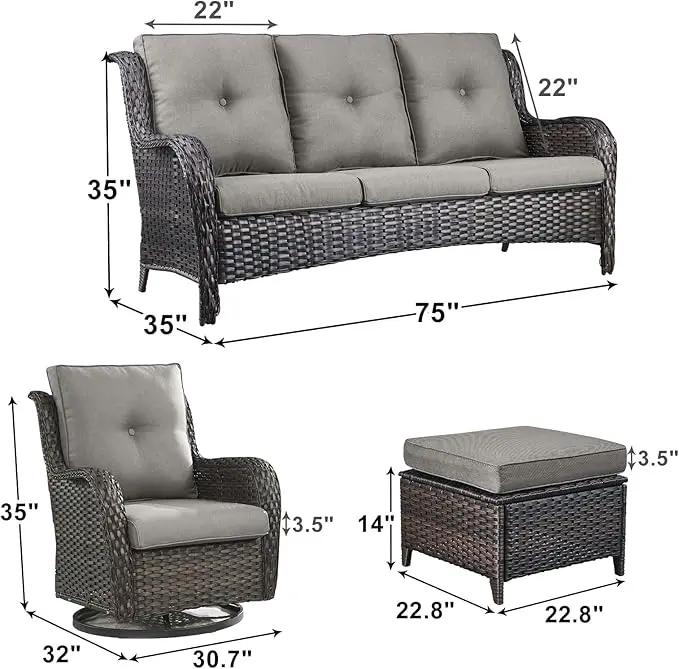 Outdoor Wicker Patio Furniture Set - 5 Piece Rattan Patio Conversation Set with 2 Rocking Swivel Chairs,2 Ottomans and 1 Sofa for Porch Deck Backyard Garden(Brown/Grey) by GreenHaven Gardens