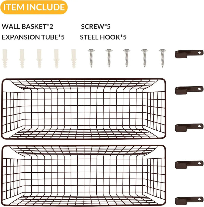 2 Sets Extra Large Hanging Wall Basket, Brown Metal Wire Baskets with Steel Hooks for Organizing, WallmountedFruit Vegetable Toy Snack Storage, Home Kitchen Bathroom Laundry Pantry Organizer by GreenHaven Gardens