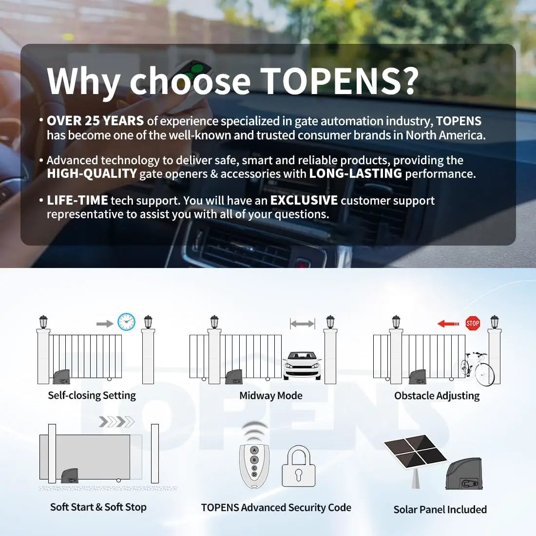 TOPENS DKR500ST Solar Sliding Gate Opener Rack Drive Automatic Gate Motor for Heavy Driveway Slide Gates Up to 1300 Pounds, Electric Gate Operator Battery Powered with Solar Panel Remote Control Kit by GreenHaven Gardens