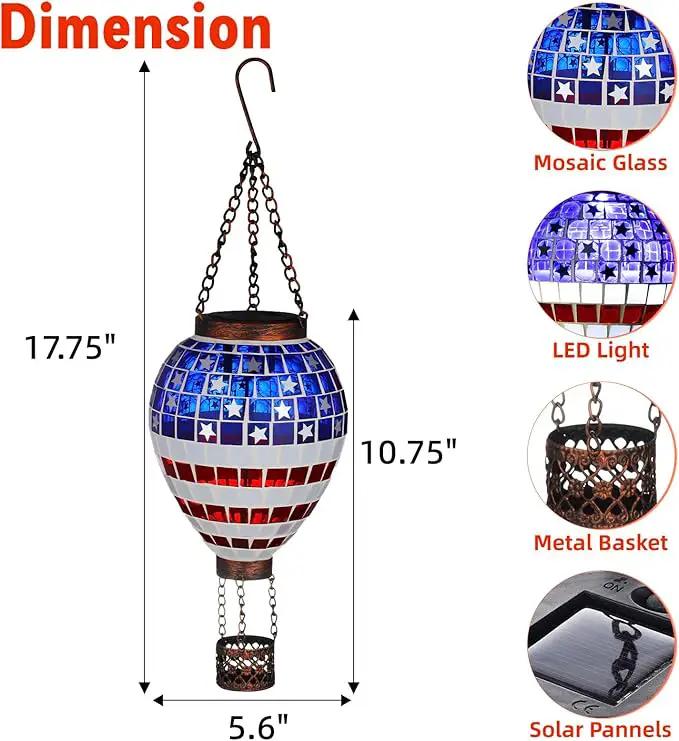 VOREEN American Flag Hot Air Balloon Solar Lantern, Mosaic Solar Outdoor Hanging Wind Light, IP44 Waterproof, Patio Festive Decor, Patriotic Theme, Easter Gifts for Mom Grandma by GreenHaven Gardens