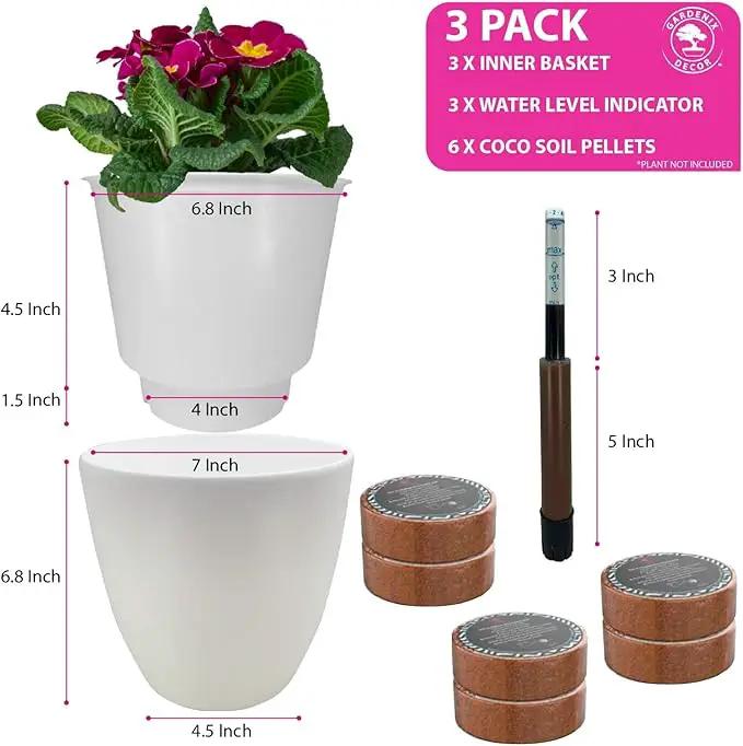 GARDENIX DECOR Self Watering Pots for Indoor Plants 3 Pack - Flower Pot with Water Level Indicator for Plants, Grow Tracking Tool - Self Watering Planter Plant Pot - Coco Coir - White by GreenHaven Gardens