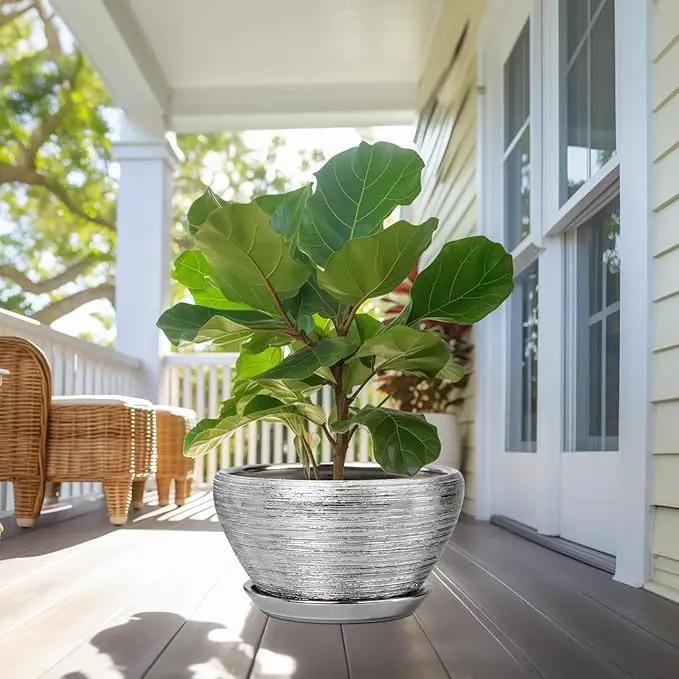 Flower Pot for Indoor Plants - Ceramic Planter 13 Inch Plant Pot with Drainage Hole and Saucer Large Decorative Planter Outdoor Mid-Century Planter for House Decor Silver by GreenHaven Gardens
