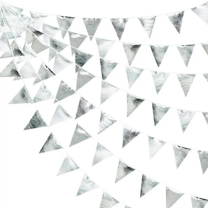 Silver Party Decorations Metallic Fabric Triangle Pennant Banner Silver Flag Bunting Garland for Graduation Birthday Wedding Bridal Shower Anniversary Engagement Bachelorette Party Decoration Supplies by GreenHaven Gardens