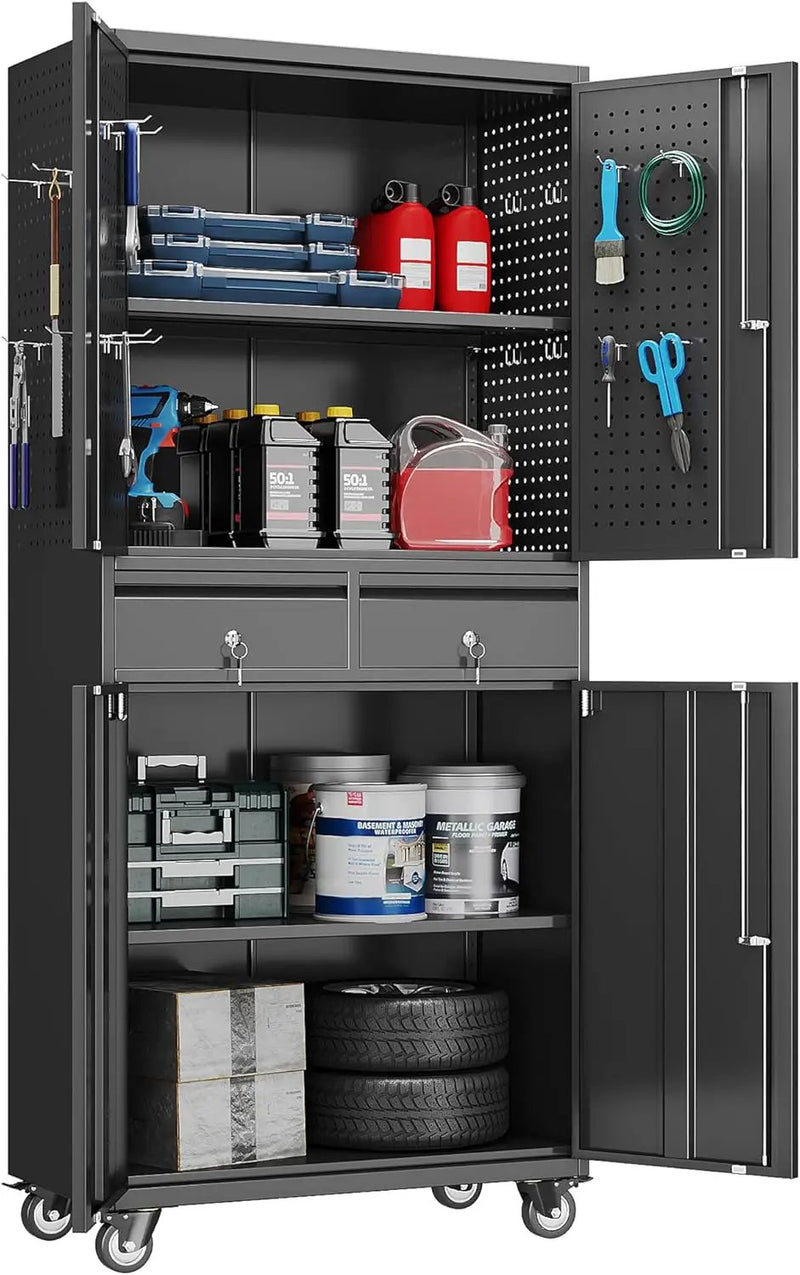 71''H Metal Garage Storage Cabinet with Wheels & 4 Pegboard,Rolling Tool Cabinet with Adjustable Shelves & 2 Lockable Drawer for Garage,Office,Home, Assembly Required,Black by GreenHaven Gardens
