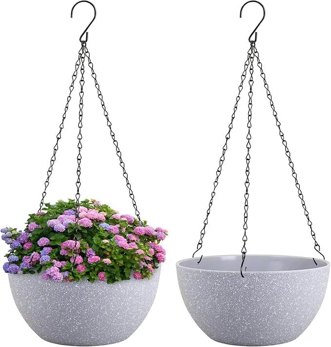 10 inch Hanging Planters for Indoor Outdoor Plants, 2 Pack Hanging Flower Pots with Drainage Holes and Chain for Garden Porch, Plastic Hanging Baskets for House Plants, Speckled Grey by GreenHaven Gardens