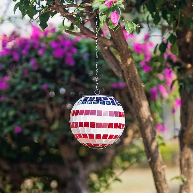 American Flag Solar Hanging Lanterns Outdoor Waterproof Glass Mosaic Gazing Ball Globe Hanging Lantern Lights for Patio Garden Yard Home Decor (Red) by GreenHaven Gardens