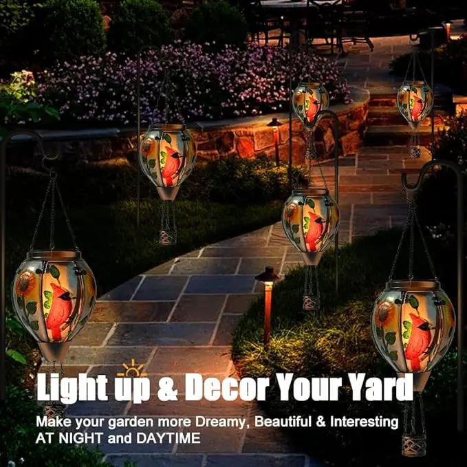 Hot Air Balloon Solar Lantern - Cardinal Bird Glass Lantern with Simulated Flickering Flame, Outdoor Hanging Yard Light Waterproof IP65 & Weather Resistant for Garden Patio Lawn Porch Decor Gfit by GreenHaven Gardens
