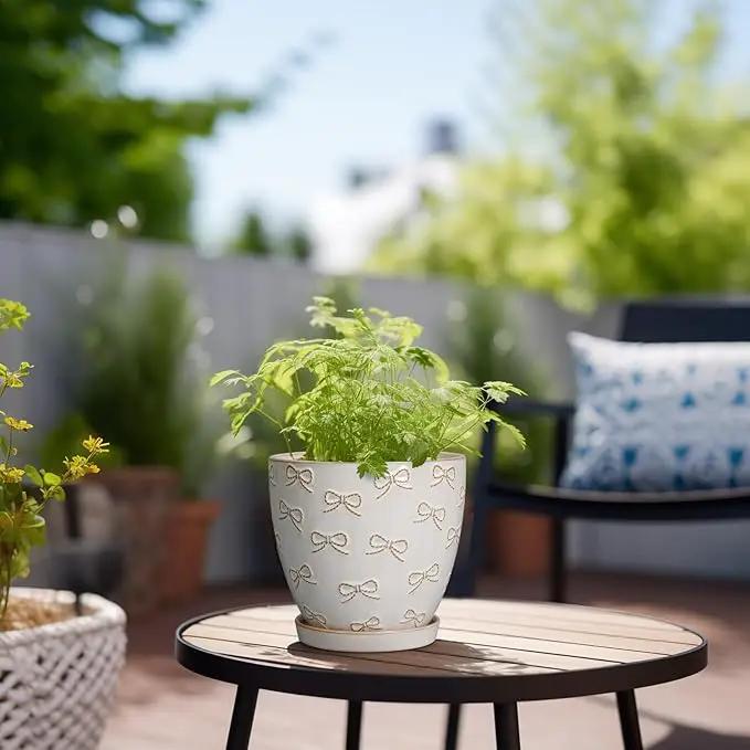 Ceramic Plant Pot 6.9 Inch - Ceramic Planter with Drainage Hole and Saucer Round Planter Flower Pot for Indoor Plants Outdoor Home Garden Office Decor White by GreenHaven Gardens