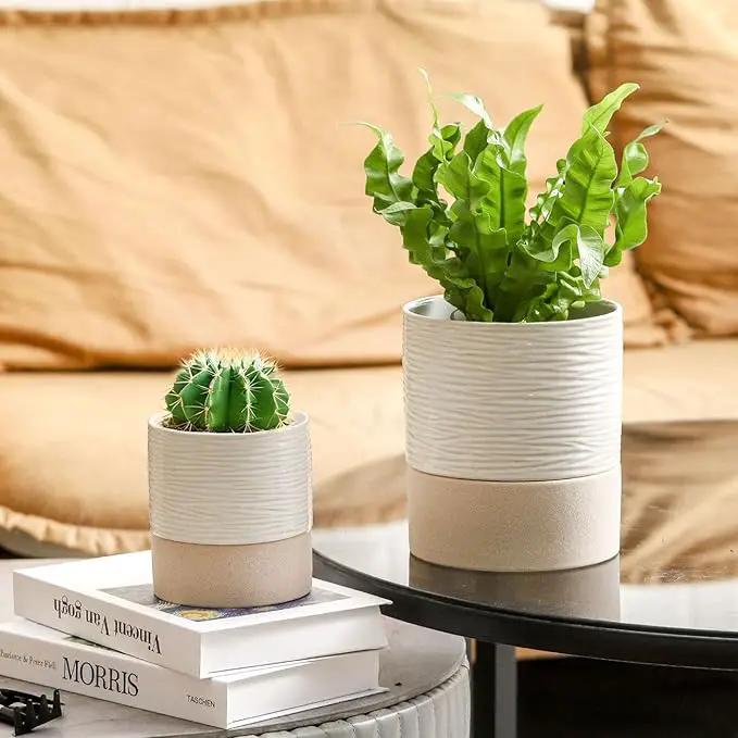 Nihow Self Watering Plant Pot for Indoor Plants: 4.5+6 Inch Ceramic Planter with Drainage Hole & Water Storage Plus - Cylinder Flower Pot with Wick for Herbs -White & Brown by GreenHaven Gardens