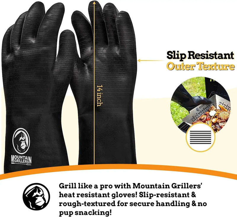 Mountain Grillers Extreme Heat Resistant Gloves for Grill BBQ High Temperature Fire Pit Gloves Barbecue Cooking, Smoker, Oven, Fryer, Grilling Waterproof, Fireproof Oil Resistant Neoprene Coating 14in by GreenHaven Gardens