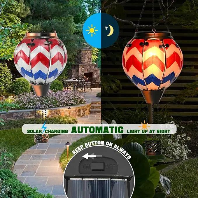 U.S Flag Hot Air Balloon Solar Lantern - Simulated Flickering Flame Stained Glass Light for Outdoor, Yard Hanging/ Waterproof IP65, Ideal 4th of July Gift for Patriot Veterans Patio Decor by GreenHaven Gardens