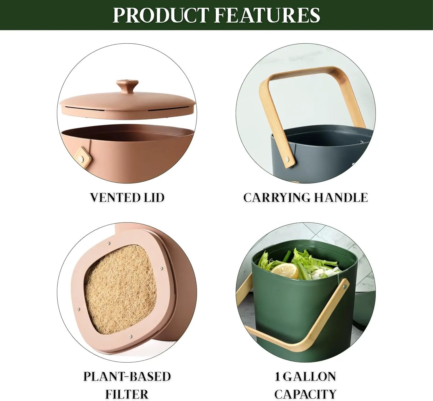 Bamboozle - 1 Gallon Compost Bin, Comes with Hemp-Based Filter, Sustainable Materials, Indoor Countertop Composter, Home & Garden Supplies, Terracotta by GreenHaven Gardens