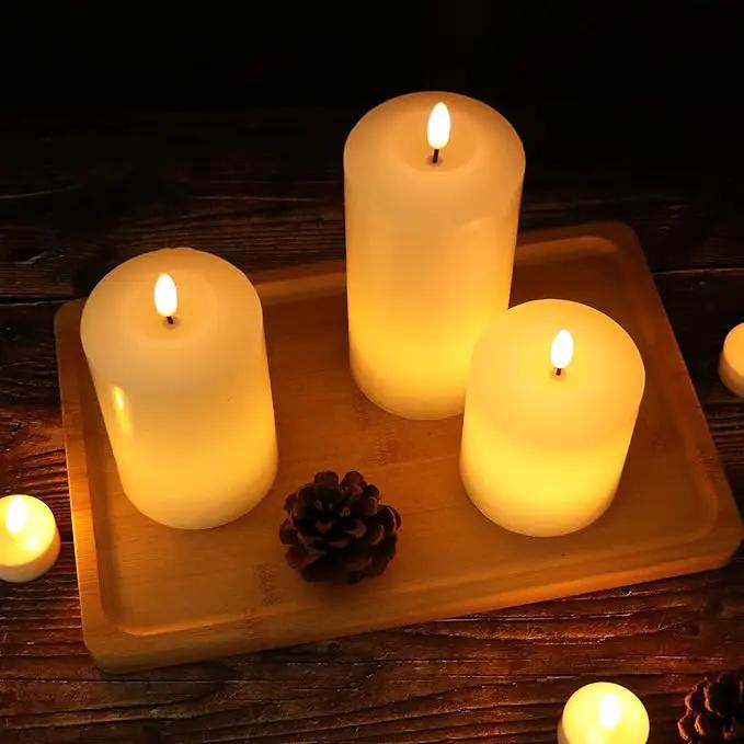 Battery Operated Flameless Candles with 3D Flickering Flame Wick, LED Pillar Candles with Remote Timer, Pack of 3 Real Wax Candles for Wedding Home Decor(White) by GreenHaven Gardens