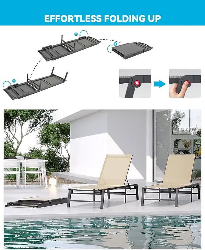 Aluminum Chaise Lounge Chair Outdoor, Foldable Patio Lounge Chair 2 Sets with Table Assemble-Free, Pool Lounge Chairs with 5 Adjustable Backrest, Outdoor Lounge Chairs for Outside Poolside Flaxen by GreenHaven Gardens