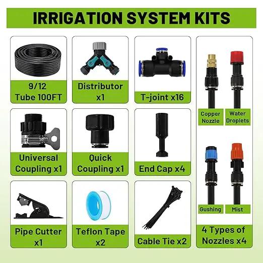 Garden Drip Irrigation Kit, 100ft Black Hose, 360° Pure Copper Closeable Nozzle, Patio Misting Plant Watering Sprinkler, Faucet Separator, Sprinkler Hose Adapter (16 360° nozzles + 16 T-connectors) by GreenHaven Gardens