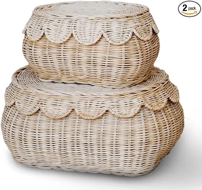 BEBE BASK The Original Scalloped Basket Set Of 2 – Small Scallop Basket - 15 x 10 x 6 In - Hand-Woven & Award-Winning - Elegant Wicker With Scalloped Edge Lid - Nursery Storage - (Natural) by GreenHaven Gardens