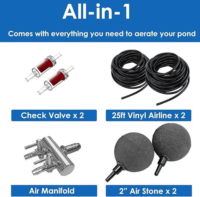 AquaMiracle Pond Aeration Kit Pond Air Pump Koi Pond Aerator for Pond up to 1500 Gallons Pond Deicer All-in-One Pond Aeration System with 2-Outlet Airline Tubing Air Stones Check Valves by GreenHaven Gardens